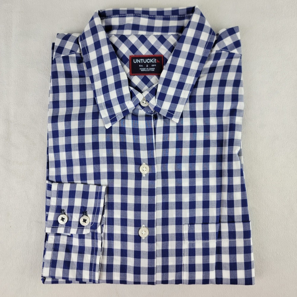 Untuckit Belleza Womens 2 Navy Gingham Check Long Sleeve Button Up Casual NWT